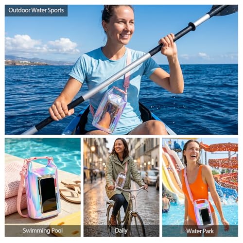 IP68 Waterproof Phone Pouch Case Three-Layer Seal for iPhone 17 16 Pro Max/15/14, IP68 Travel Cellphone Dry Bag Beach Cruise Ship Essential Bucket Bag with Crossbody Lanyard, Iridescent - color: C1-Iridescent