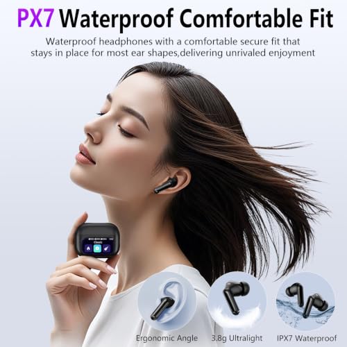 Thunelec Wireless Earbuds, Bluetooth 5.4 Headphones with Multifunctional Touch Screen, 48H Bass Stereo Ear Buds with ANC/ENC Noise Cancelling/Transparency Mode, IPX7 Earphones with 5 EQ Modes, Black