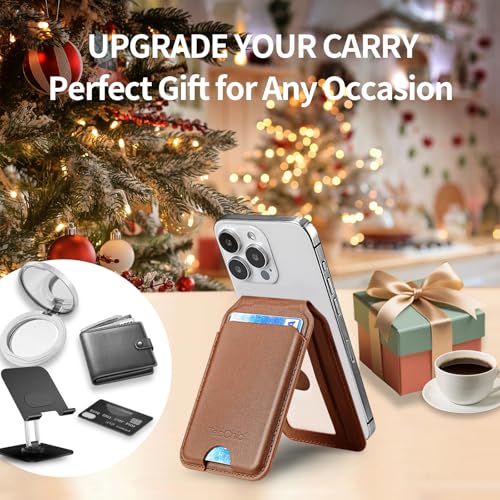 Magnetic Phone Wallet Stand for iPhone,4-Card Holder with RFID Blocking,6X Stronger Magnet,0.28in Slim Vegan Leather,Built-in Mirror &180° Stand for iPhone 17/16/15/14/13/12 Series(Black) - color: Black