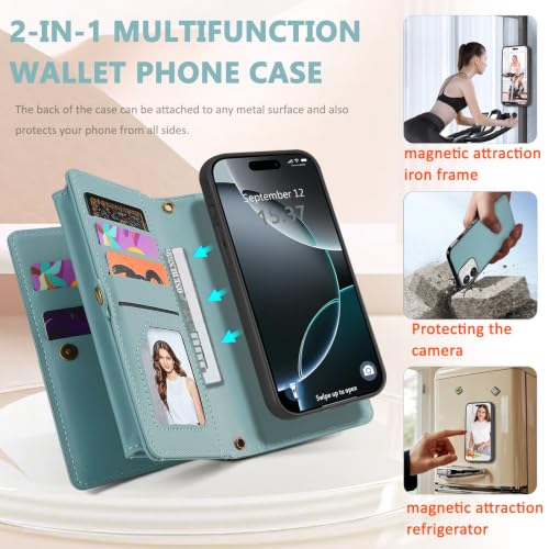 for iPhone 16 Wallet Case, Detachable Magnetic Shockproof Phone Case,Faux Leather Crossbody Wallet,with RFID Blocking,Zipper Card Holder,Shoulder Strap (Blue) - color: Blue, size: iPhone 16