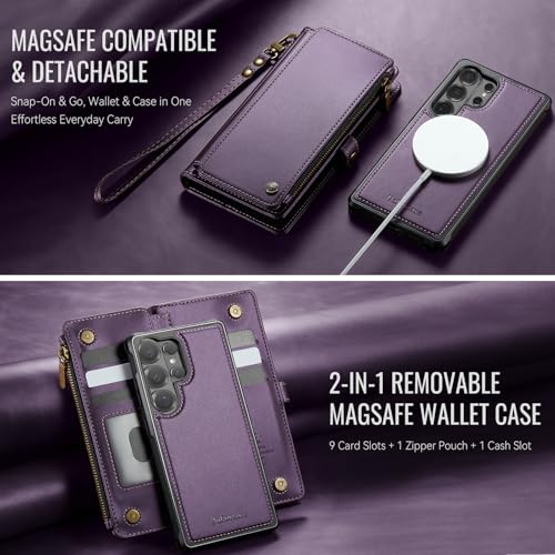 Defencase for Galaxy S26 Ultra Case Wallet Compatible with Magsafe, Purple | Magnetic Detachable, RFID Bolcking Card Holder, Zipper Strap, PU Leather Drop-Proof Phone Cover for Samsung Galaxy S26 Ultra - color: (Detachable with Magsafe)-Purple