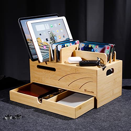 Homde Bamboo Charging Station Organizer: 6 Compartments and Drawer - color: Natural
