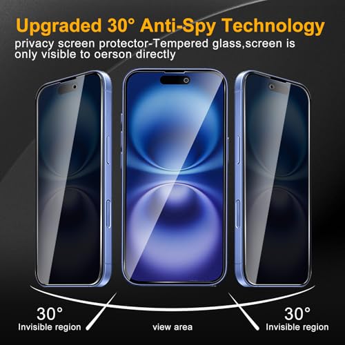 3 Pack Privacy Screen Protector for iPhone 16 / iPhone 15 / iPhone 15 Pro, Anti Spy Tempered Glass 9H Hardness, Black Protector Anti Spy, Bubble Free, Anti-Scratch - size: iPhone 16/15/15 pro FK3