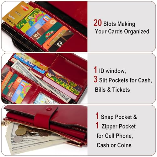 YALUXE Women's Real Leather Wallet RFID Protect 21 Card Slots Phone Pocket - color: 2- Waxed Red, size: Genuine Leather