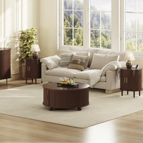 DHH Mid Century Modern Nightstand with Charging Station, Fluted Accent Side Table with Sliding Door & Adjustable Shelf, End Table for Small Space, Living Room, Bedroom,Sofa Couch (1, Walnut) - color: Walnut