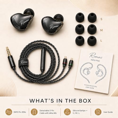 Rosmas Wired Earbuds with Mic,SM10 Pro Wired Gaming IEM Earbuds with Mic, Detachable 2-Pin Cable, 4BA+1DD Hybrid in-Ear Headphones, Secure Over-Ear Fit, 3.5mm for PC and Controllers,Black - color: Black