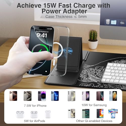 Wireless Charging Mouse Pad with Phone Holder, 31.5"x15.8" in, Black Wave - color: Black Wave-Phone Holder-31.5"x15.8"