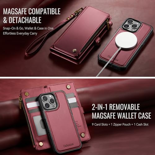 Defencase for iPhone 16 Pro Max Case Wallet Compatible with Magsafe, W-Red | Drop-Proof Magnetic Detachable Phone Cases Cover, with RFID Bolcking Card Holder, Zipper Strap, PU Leather, Removable Wallet - color: (Detachable with Magsafe)-Wine Red