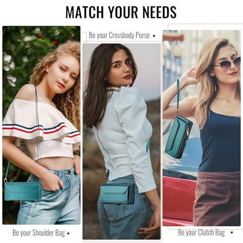 Strapurs Crossbody Wallet Case Compatible with Samsung Galaxy Z Fold 4 with RFID Blocking Card Holder & Pen Holder Slot Soft PU Leather Shoulder Strap Zipper Pocket Purse Fold 4 Phone Case, Blue Green | RFID Blocking 5-Card Holder, Shoulder Lanyard, Wirst