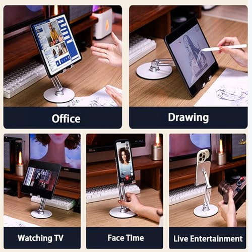 Cell Phone & Tablet Stand for Desk, Adjustable 360° Swivel Aluminum Alloy Desktop Phone Holder with 360-degree Rotating Base and Dual Axis Adjustment for 4"-13" Phone and Tablet - color: L08-Silver