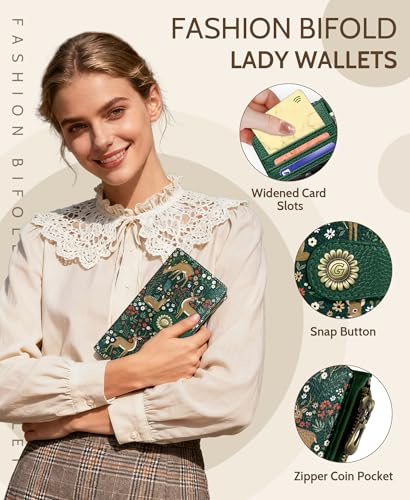 GIANCOMICS Cute Womens Wallet RFID, Flower Forest Credit Card Holder Bifold | Billfold, Cute Cash Purse, Travel Zipper Coin Pocket, Compact Clutch, PU Leather, ID Window, 11 Card Slots, Ladies Gift Woman - color: Cute Deer