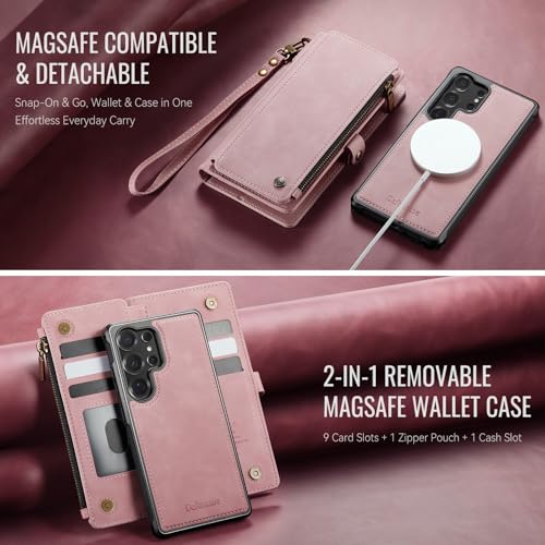 Defencase for Galaxy S23 Ultra Case Wallet Compatible with Magsafe, Pink | Magnetic Detachable, RFID Bolcking Card Holder, Zipper Strap, PU Leather Drop-Proof Phone Cover for Samsung Galaxy S23 Ultra - color: (Detachable with Magsafe)-Pink