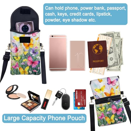 Neoprene Cell Phone Sleeve Pouch Case Bag with Crossbody Strap Neck Lanyard for Women 7.5 X 4.3 in Flower Butterfly - color: Flower Butterfly 1
