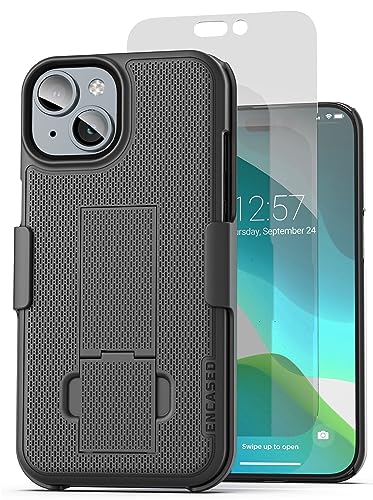 Encased DuraClip Designed for iPhone 15 Case with Belt Clip Phone Holster and Kickstand (Matte Black) - size: iPhone 15