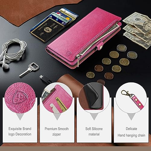 XcaseBar Compatible with iPhone 16 Pro 6.3" Wallet case with Zipper Credit Card Holder【RFID Blocking】,Flip Folio Book PU Leather Phone case Shockproof Cover Men Women for Apple 16 Pro case Rose Red - color: Rose Red