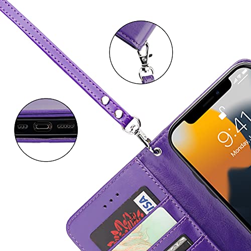 Bocasal Detachable Wallet Case Card Holder for iPhone 13, Purple | RFID Blocking Kickstand Card Slots Holder PU Leather Magnetic Shockproof Wrist Strap Removable Flip Protective Cover 6.1 inch - color: Purple