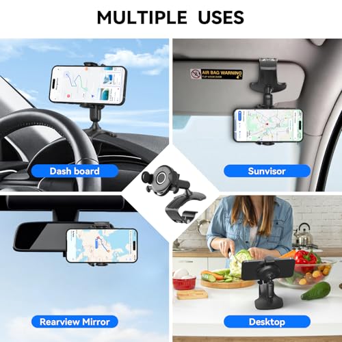 Universal 360° Dashboard Phone Holder – Clip-On Car Phone Mount with One-Push Lock, Fits 4–7 Inch Smartphones, No Adhesive, Multi-Mount for Dashboard, Sun Visor, or Rearview Mirror (Black)