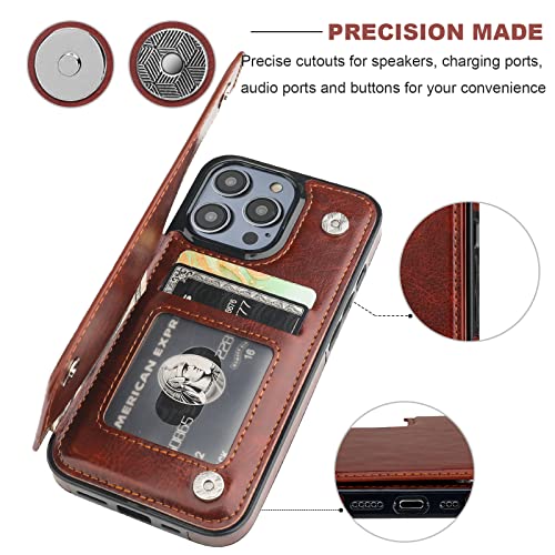 ONETOP for iPhone 14 Pro Wallet Case with Credit Card Holder,Brown | Kickstand,ID/Cash Holder,Case Wallet with Card Slots,Double Magnetic Clasp,Durable PU Leather Shockproof Cover for Women Men - color: Brown