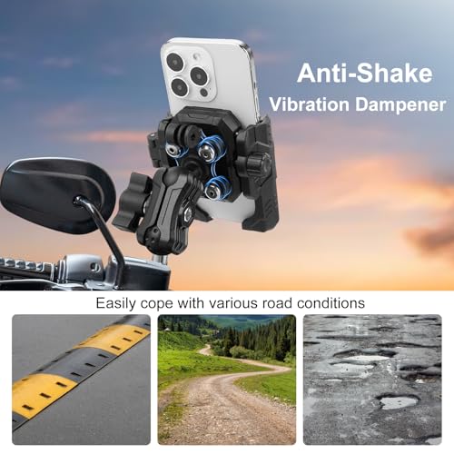 Motorcycle Bike Phone Mount with Vibration Dampener,360°Adjustable Dual Ball Head & Anti-Shock Handlebar Holder for Bicycle Scooter ATV Fit For (5.4-7.2")iPhone 16/15/14/13 Pro Max,M8x1.25, 75024 - size: Phone Holder M8