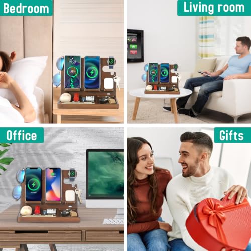 Wood Phone Docking Station with 4 Wireless Charger Nightstand Organizer - color: Walnut color