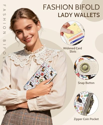 GIANCOMICS Dachshunds Dog Women Wallet RFID, Cute Credit Card Holder Bifold | Billfold, Cute Cash Purse, Travel Zipper Coin Pocket, Compact Clutch, PU Leather, ID Window, 11 Card Slots, Ladies Gift Woman - color: Dachshunds Flowers