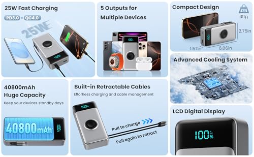 5-in-1 Portable Charger for iPhone,40800mAh Power Bank Built-in Retractable Cable and iWatch Charger,25W PD QC4.0 Fast Charging Battery Pack,Travel Essential Phone Charger for iPhone 17/16/15,Android - color: Black Sliver