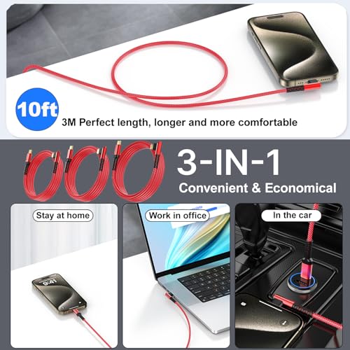 60W USB-C to USB-C Charge Cable,3-Pack 10ft Braided Right Angle USB C Cable - color: Red