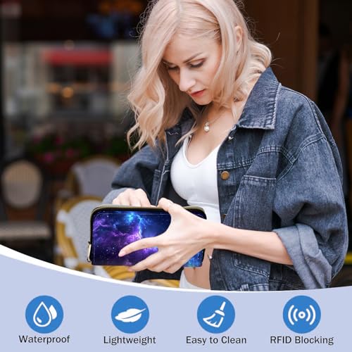 Ladies Wallet,Clutch Purses for Women Wallets Leather Credit Card Holder for Women Wristlet Slim Small Cute with Zipper,Thin RFID Blocking with Wrist Strap,Blue Purple Galaxy - color: Blue Purple Galaxy