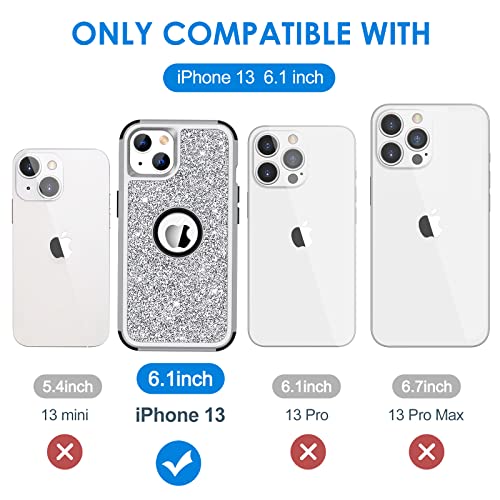 Hython Case for iPhone 13 Case Glitter, Cute Sparkly Shiny Bling Sparkle Cover, Heavy Duty 3 in 1 Hybrid Hard PC Soft TPU Bumper Full Body Shockproof Protective Phone Cases for Women Girls, Silver - color: Silver