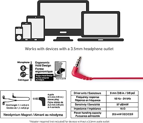 Panasonic ErgoFit Wired Earbuds with Microphone, 3.5mm Jack Headphones with Mic and Call Controller, Ergonomic Custom-Fit Earpieces (S/M/L), for Phones and Laptops - RP-TCM125-KB (Matte Black/Red) - color: Matte Black/RED, size: S/M/L, style: With Mic
