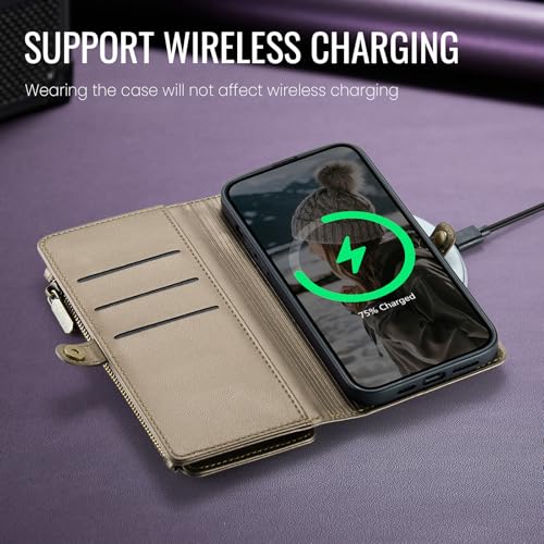 Defencase for iPhone 16 Pro Max Wallet Case with RFID Card Holder, Titanium | Durable Soft PU Leather, with Zipper Pocket, Wrist Strap, Fashion Snap Flip Phone Cases Cover with Stand for Women and Men - color: Desert Titanium