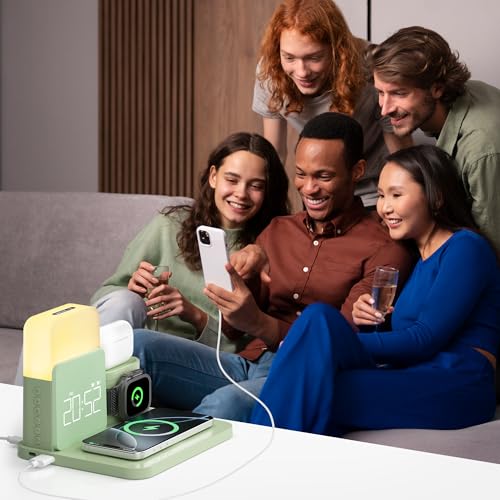 Wireless Charging Station, 7 in 1 Wireless Charger Stand with Dual Alarm Clock, Charging Dock for iPhone16/15/14/13/12/11/Pro/Max/Samsung Phone, Apple Watch 9/8/7/6/5/SE, AirPods/3/2