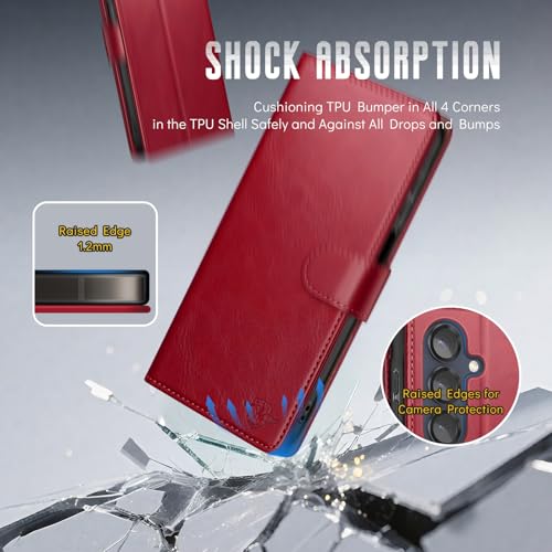 Wallet Case for Samsung Galaxy S25 5G, Red | RFID-Blocking Card Holder, Kickstand, Magnetic Closure, PU Leather Folio Flip Cover, Protective Women Men Cases - color: Red, size: Samsung Galaxy S25