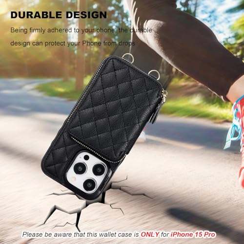 Bocasal Crossbody Wallet Case Card Holder for iPhone 15 Pro, Black | RFID Blocking PU Leather Zipper Handbag Purse, Kickstand Flip Folio Case with Card Slots Holder Wrist Strap Lanyard 6.1 Inch - color: Black