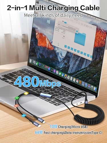 YACSEJAO 66W 90 Degree USB C Retractable Spring Splitter Cable - style: Type C+Mirco USB