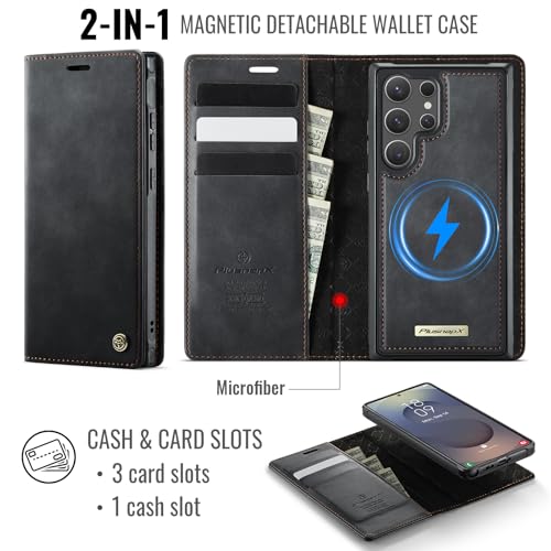 for Samsung Galaxy S25 Ultra 2in1 Detachable Wallet Case, Black | Compatible with Magsafe, Magnetic, RFID Blocking Card Holder, Shockproof, Kickstand, Wireless Charging, PU Leather Flip Cover - color: Retro Black, size: Galaxy S25 Ultra - 6.9"