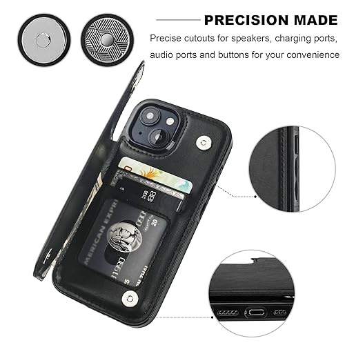 ONETOP for iPhone 15 Wallet Case with Credit Card Holder,Black | Kickstand,ID/Cash Holder,Case Wallet with Card Slots,Double Magnetic Clasp,Durable PU Leather Shockproof Cover for Women Men - color: Black