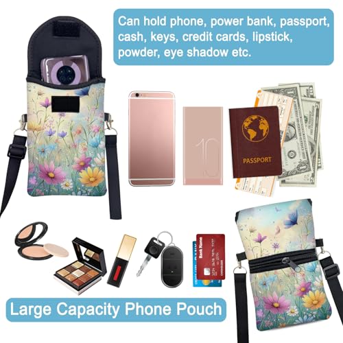 Neoprene Cell Phone Sleeve Pouch Case Bag with Crossbody Strap Neck Lanyard for Women 7.5 X 4.3 in Colorful Flowers - color: Colorful Flower