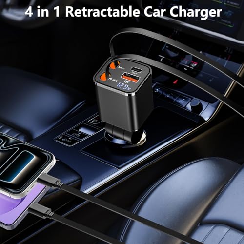 Apple MFi Certified Retractable Car Charger, 120W USB C Car Phone Charger - color: Titanium Matte Black