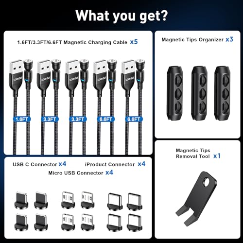 Magnetic Charging Cable 5-Pack (1.6/3.3/3.3/6.6/6.6FT), 540° Rotating Magnetic Phone Charger Cable with LED Light for Micro USB, USB C and i-Product Device