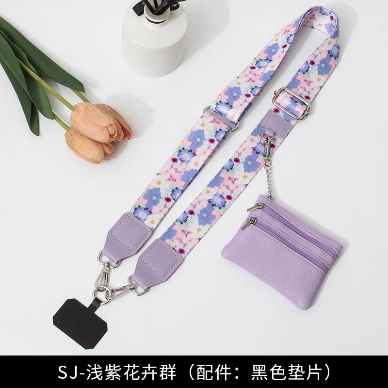 Phone Strap with Zippered Pouch, Clip and Go Strap for Phone with Wallet Crossbody, Adjustable Crossbody Phone Strap-3 - color: Flower Cluster Purple
