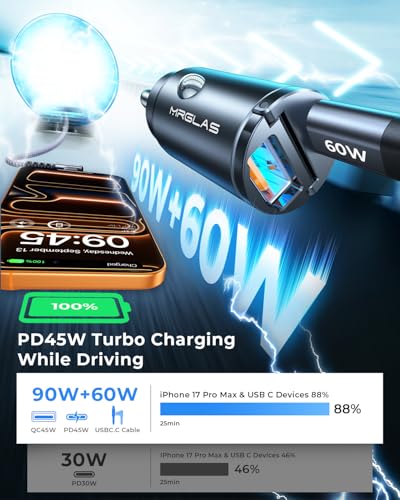 90W Fast iPhone 18/17 Pro Max Car Charger USB C Fast Charge with C Cable - color: Black