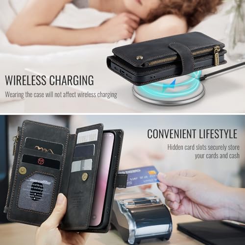 Compatible with iPhone 16e/17e Wallet Case,with Card Holder Kickstand Magnetic Zipper Pocket Lanyard Strap Wristlet,Leather Flip Case Wallet for iPhone 16e/17e 6.1 Inch(Black) - color: Black, size: iPhone 16E/17E 6.1 Inch
