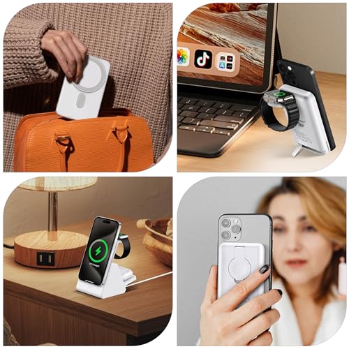 Smtcsl 3-in-1 Wireless Charging Station: Portable 5000mAh Power Bank Charger Compatible for Phone Air/17/16/15/14/13/12 Series and Watch - Detachable Magnetic Charging Stand White
