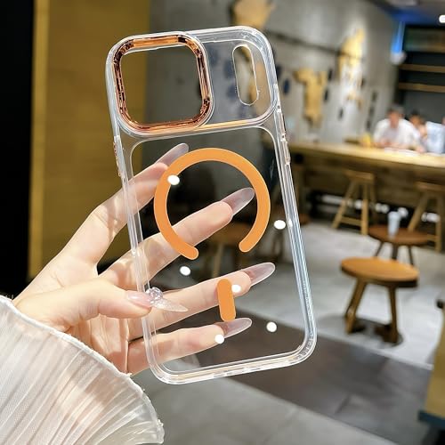 for iPhone 17 Pro Max Clear Case with Electroplated Camera Ring & Buttons, MagSafe Compatible, Military-Grade Shockproof, Anti-Yellowing Slim Transparent Cover - color: Orange