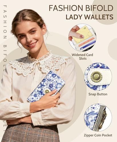 GIANCOMICS Hummingbirds Womens Wallet RFID Flower Credit Card Holder Bifold | Billfold, Cute Cash Purse, Travel Zipper Coin Pocket, Compact Clutch, PU Leather, ID Window, 11 Card Slots, Ladies Gift Woman - color: Birds