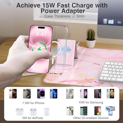Wireless Charging Mouse Pad with Phone Holder, 31.5"x15.8" in, Pink Marble - color: Pink Marble-Phone Holder-31.5"x15.8"