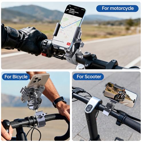 Motorcycle Phone Mount, CNC Aluminum Alloy Bike Phone Holder with Vibration Dampener & Dual 360° Ball Head, One-Click Lock Handlebar Clamp for iPhone 17 16 Pro Max Samsung (Mount002)