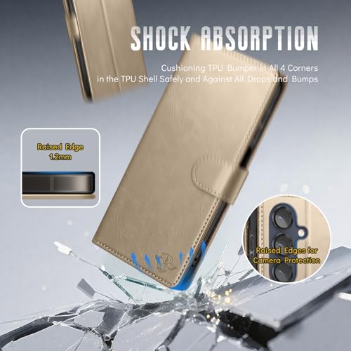Wallet Case for Samsung Galaxy S25 5G, Golden | RFID-Blocking Card Holder, Kickstand, Magnetic Closure, PU Leather Folio Flip Cover, Protective Women Men Cases - color: Golden, size: Samsung Galaxy S25