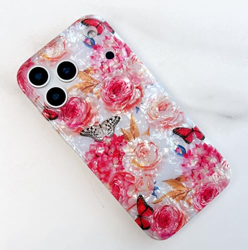 Qokey Compatible with iPhone 17 Pro Max Case 6.9", Cute Clear Flowers Design for Girls Women Shell Pattern Soft Bumper Lightweight Slim Fit TPU Shockproof Phone Cover, Rose Butterfly - color: Rose Butterfly